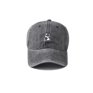 Vintage washed dark grey cotton baseball cap with cute panda embroidery and curved brim