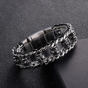Men Skull Bracelet 316L Stainless Steel Punk Gothic Keel Chain With Woven Black Leather Biker Jewelry For Halloween