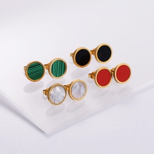 Set of four gold-plated round stud earrings featuring malachite, onyx, pearl, and coral