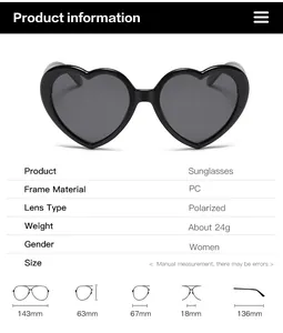 Detailed size specifications and polarized lens parameters for heart-shaped sunglasses