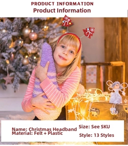 Detail of Christmas headband with red glitter trees and white snowflakes on a young girl