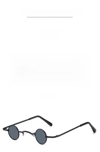 Detailed views of small round punk sunglasses with thin black metal frames and grey lenses
