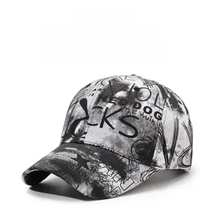 Close-up of graffiti lettering print on a durable canvas baseball cap with curved brim