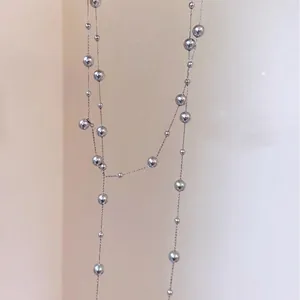 Elegant multi-layer gray pearl necklace with long chain for sweaters and dresses