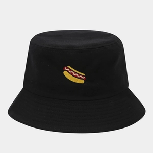 Detailed view of colorful hot dog embroidery on a black cotton bucket hat