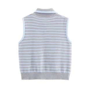 Women's autumn striped knit vest in light grey and blue with ribbed hem and lapel design