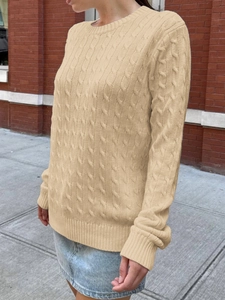 Detail view of beige cable knit texture and round neck design on long sleeve sweater