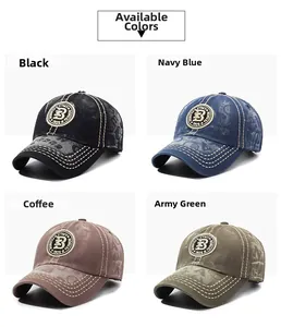 Detail view of vintage washed cotton baseball caps in black, navy, coffee and army green