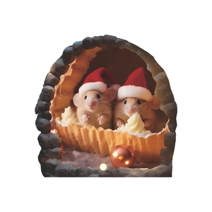 Detailed close-up of 3D Christmas mouse wall sticker with cute hats and warm festive lighting