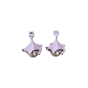 Elegant ginkgo leaf pearl drop earrings with sparkling cubic zirconia in silver finish