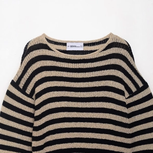 Pull en maille rayé noir et jaune à la mode avec col rond et manches longues pour femmes