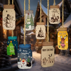 Detailed view of 8 wooden mason jar Christmas ornaments with snowman and santa designs
