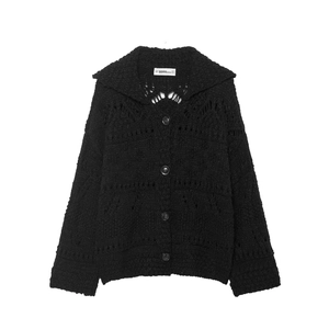 Detail shot of black hollow-out knitted cardigan featuring lapel collar and buttons