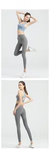 Detail view of high waisted yoga leggings with side pockets and racerback sports bra set