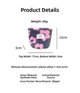 Detail showing plush floral storage bag dimensions and zipper closure on white backdrop