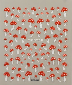 Detail showing 3D embossed red mushroom nail art stickers with FEB-899 model code