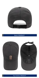 Detail view of dark grey baseball cap with breathable mesh and adjustable back strap