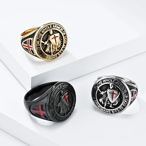 Vintage Knights Templar shield cross ring in gold and black with religious engraving