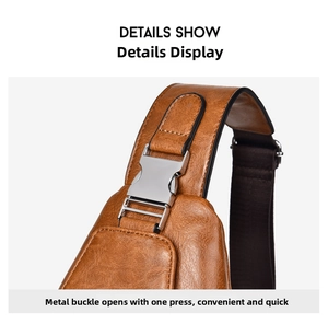 Detail showing high-quality silver buckle on brown lychee texture leather chest bag