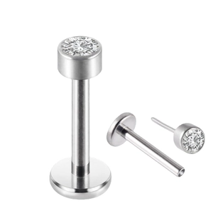 G23 titanium labret piercing stud with clear round cubic zirconia and push-pin design