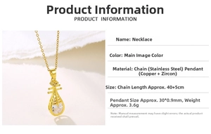 Dettagli della collana con ciondolo Pipa in oro 18K con zirconia e misure del prodotto