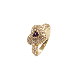 Bague cœur dorée avec pierre violette centrale et pavage étincelant de zircons blancs