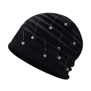 Women Chenille Beanie Hat Slouchy Pleated With Silver Metal Beads Thermal Windproof Winter Warm Velvet Soft Texture