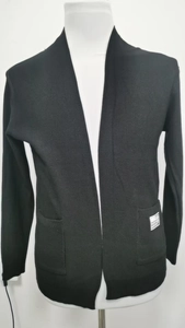 Detail view of black V-neck knit cardigan with side pocket and ribbed sleeve cuffs