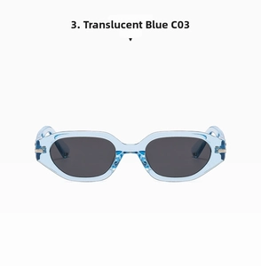 Close-up of the transparent blue frame and dark grey lenses of these narrow sunglasses