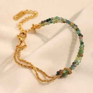 18K gold plated stainless steel twist chain bracelet with green natural stone beads
