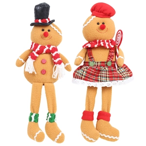 Christmas gingerbread man plush couple with long legs and festive scarves for home decor