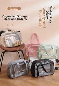 Detail showing five colors of waterproof travel toiletry bags with top handles and zippers