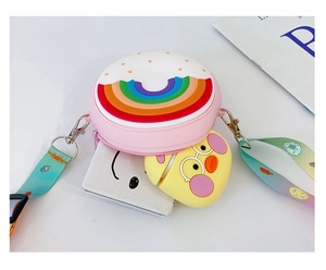 Pink round silicone kids crossbody bag featuring rainbow print and donut pattern strap
