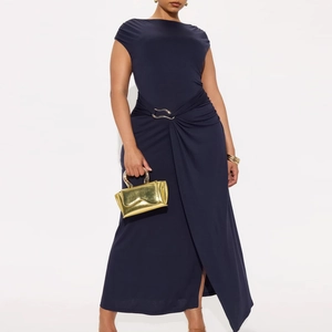 Detail of navy sleeveless maxi dress with gold metal ring and side waist ruching