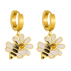 Detailed view of gold earrings featuring white daisy flowers and black enamel honey bees