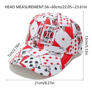 Detailed view of poker print baseball cap with size labels and dimensions markings