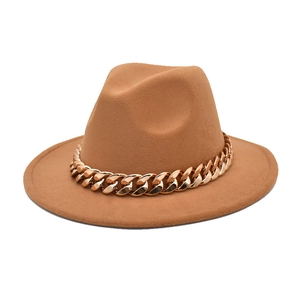 Classic camel wool fedora hat with stylish gold chain band on white background