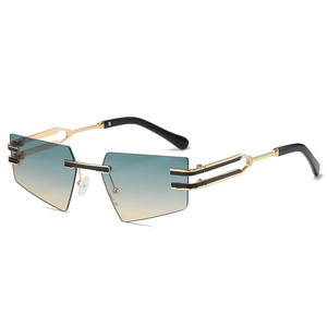 Fashion rimless geometric sunglasses with blue-yellow gradient lenses and gold temples