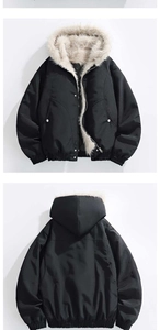 Voor- en achteraanzicht van een zwarte parka met capuchon en warme imitatiebontkraag