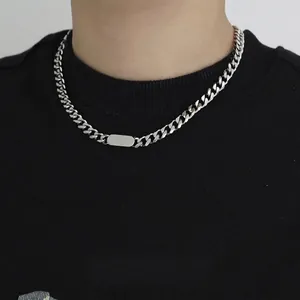 Cuban Chain Necklace Stainless Steel With Rectangular Bar Pendant Hip Hop Streetwear For Men Women