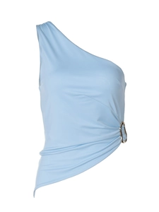 Close-up of light blue one-shoulder slim top with silver metal ring waist detail