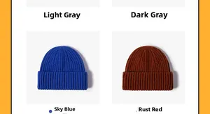 Bonnets en maille côtelée en gris clair, gris foncé, bleu marine et rouge rouille