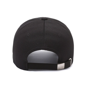 Rear view of black baseball cap with adjustable silver metal buckle on woven fabric