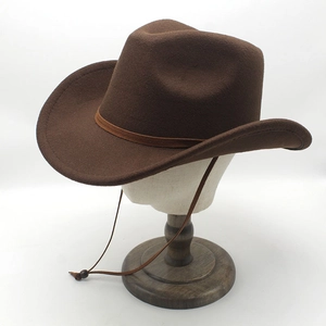 Dark brown felt western cowboy hat with teardrop crown and adjustable chin strap