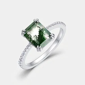 Vintage Moss Agate Ring S925 Sterling Silver Plated Rectangular Green Stone Pave Rhinestone Fashion Jewelry For Women Gift