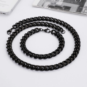 Men's black titanium steel Cuban chain necklace and bracelet set with lobster clasp
