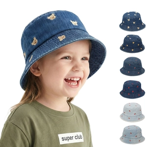 Chapeau Bob Enfant Denim Coton Broderie Ours Fraise Coeur Protection Solaire Respirant Extérieur Garçons Filles