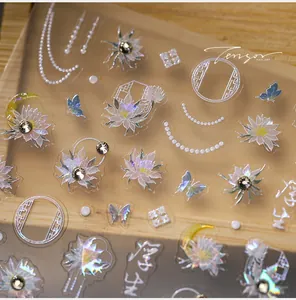 Macro detail of 5D embossed nail stickers featuring 3D lotus, butterfly and pearl accents