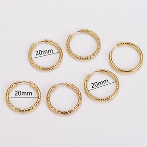20mm gold stainless steel hoop earrings with textured lattice and woven patterns
