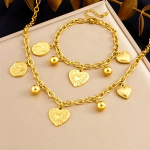 Gold Plated Stainless Steel Heart Sun Rose Pendant Necklace And Bracelet Vintage Jewelry For Women